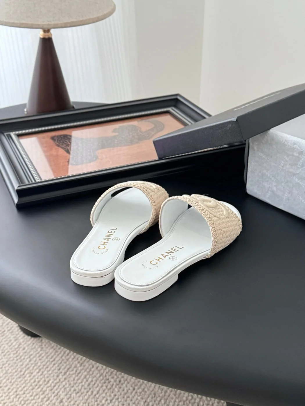 Chanel Women Beige Woven Fabric Slides product view 3