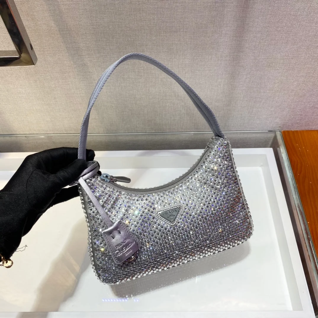 Prada Sparkling Hobo Bag 23 In Silver Nylon Attached Fully Crystals product view 1