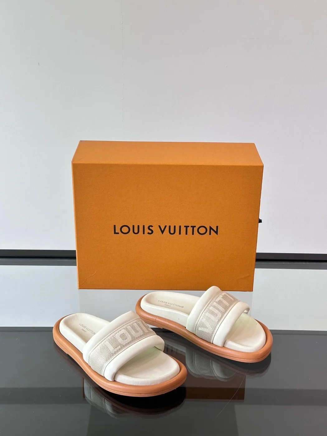 Louis Vuitton Men Beige Fabric Slides With Brown Sole product view 5