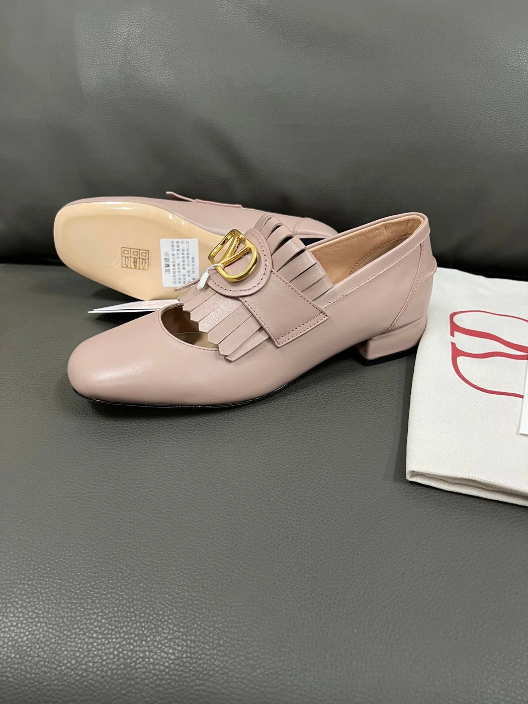 Valentino Women Blush Pink Leather Fringe Loafers product view 6