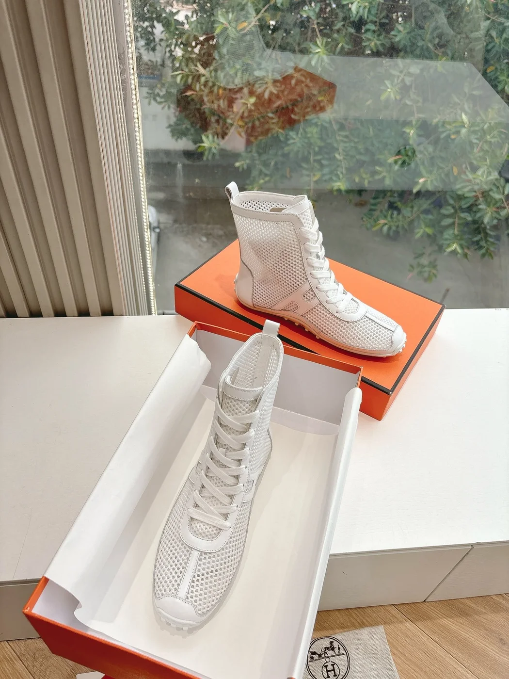 Hermès Women White Mesh Leather Sneakers product view 4