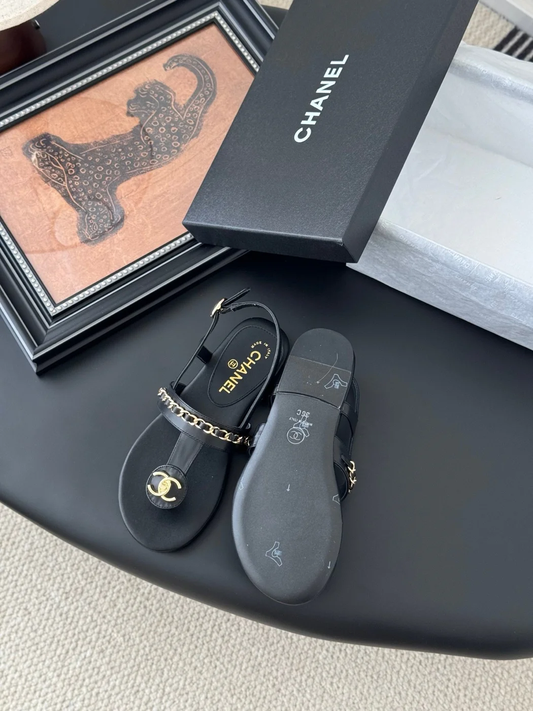 Chanel Women Black Leather Chain Detail Sandals product view 4