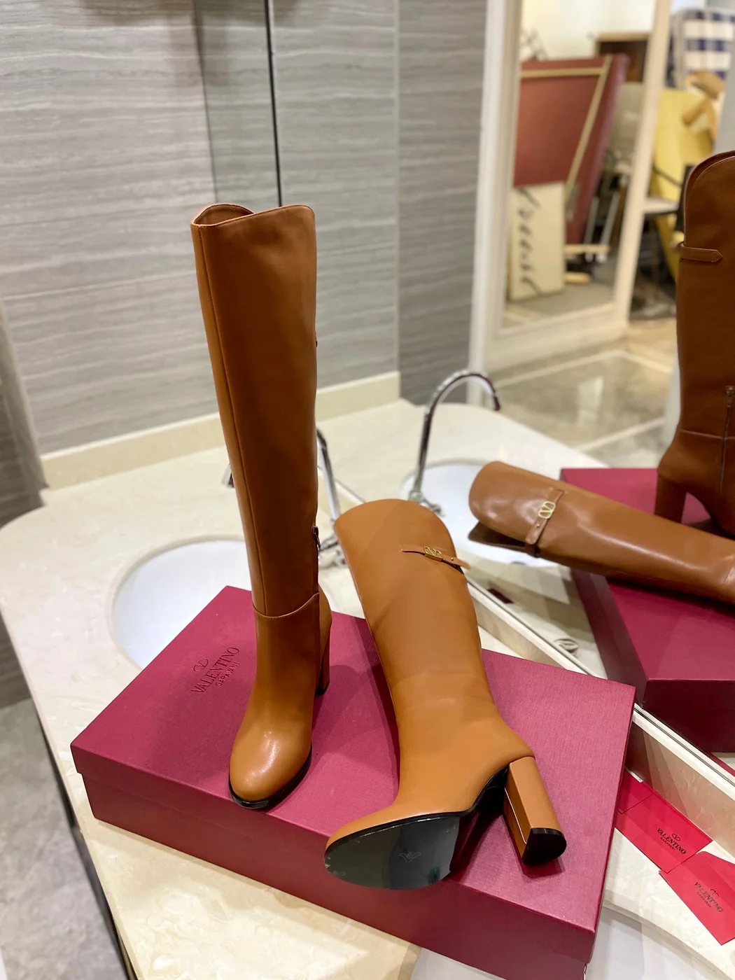 Valentino Women Brown Leather Knee High Boots product view 6
