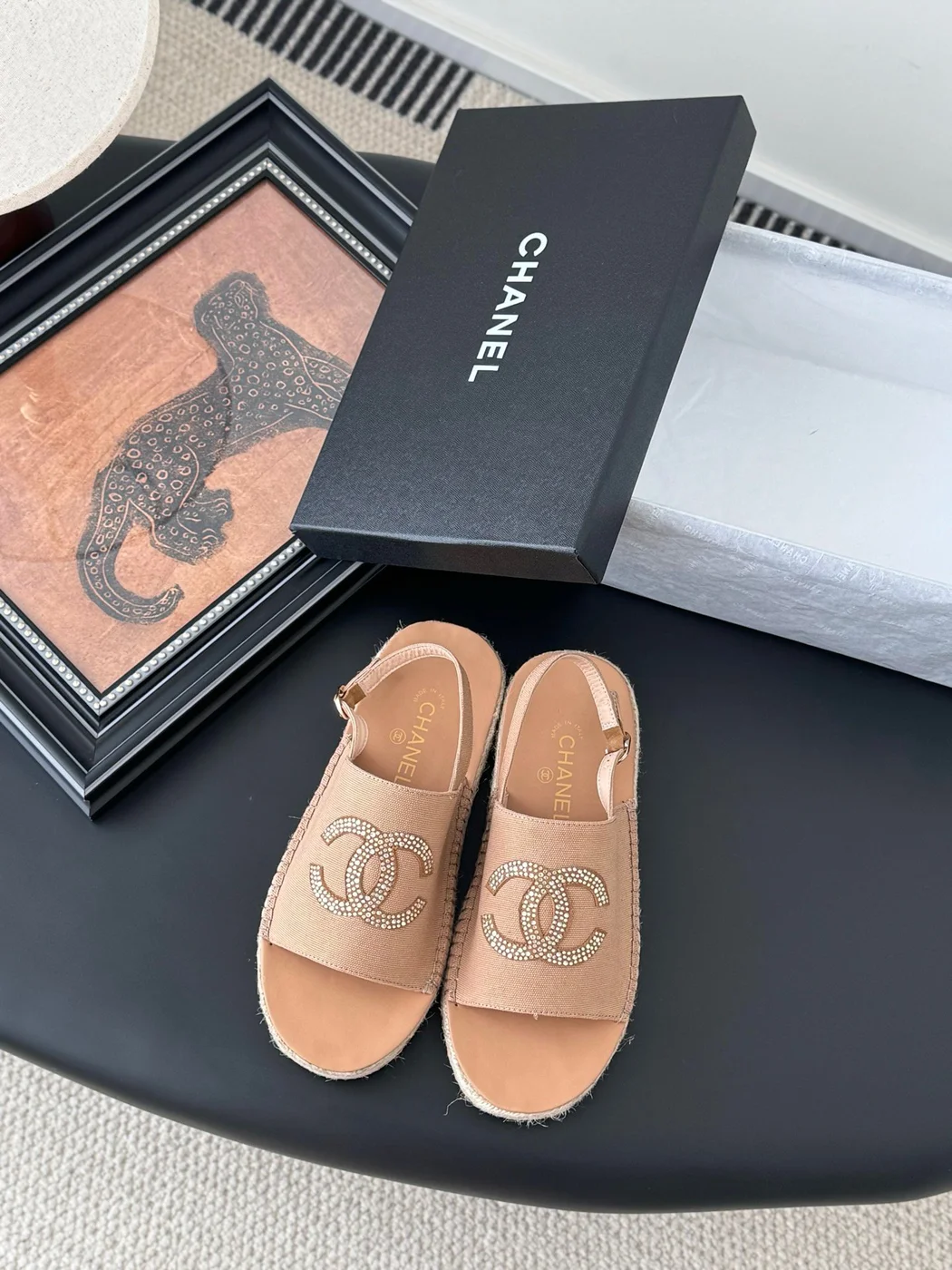Chanel Women Beige Canvas Crystal Logo Sandals product view 1