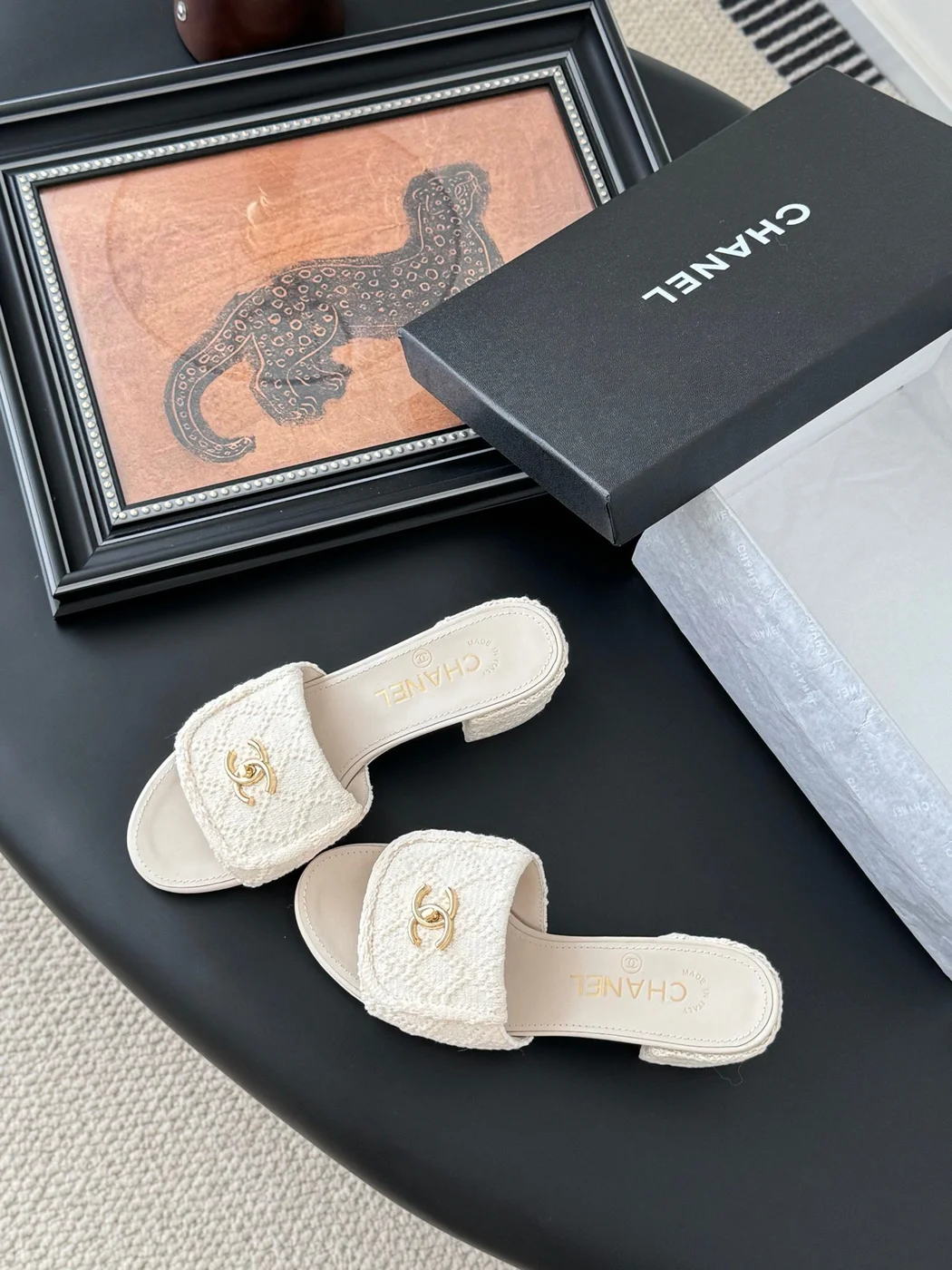 Chanel Women Cream Tweed Slides product view 6