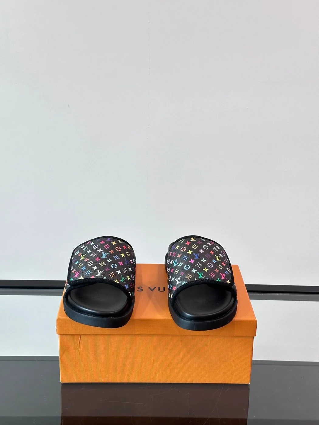 Louis Vuitton Men Black Canvas Multicolor Print Slides product view 2