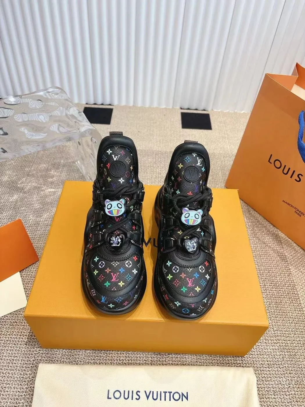 Louis Vuitton Women Black Leather Multicolor Logo Sneakers product view 3