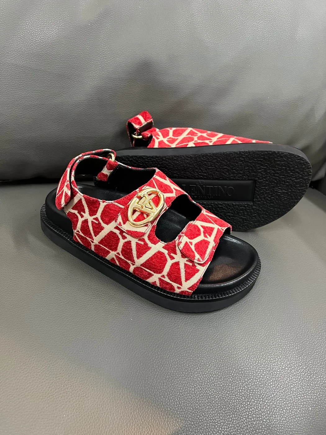 Valentino Women Red Patterned Fabric Sandals product view 3
