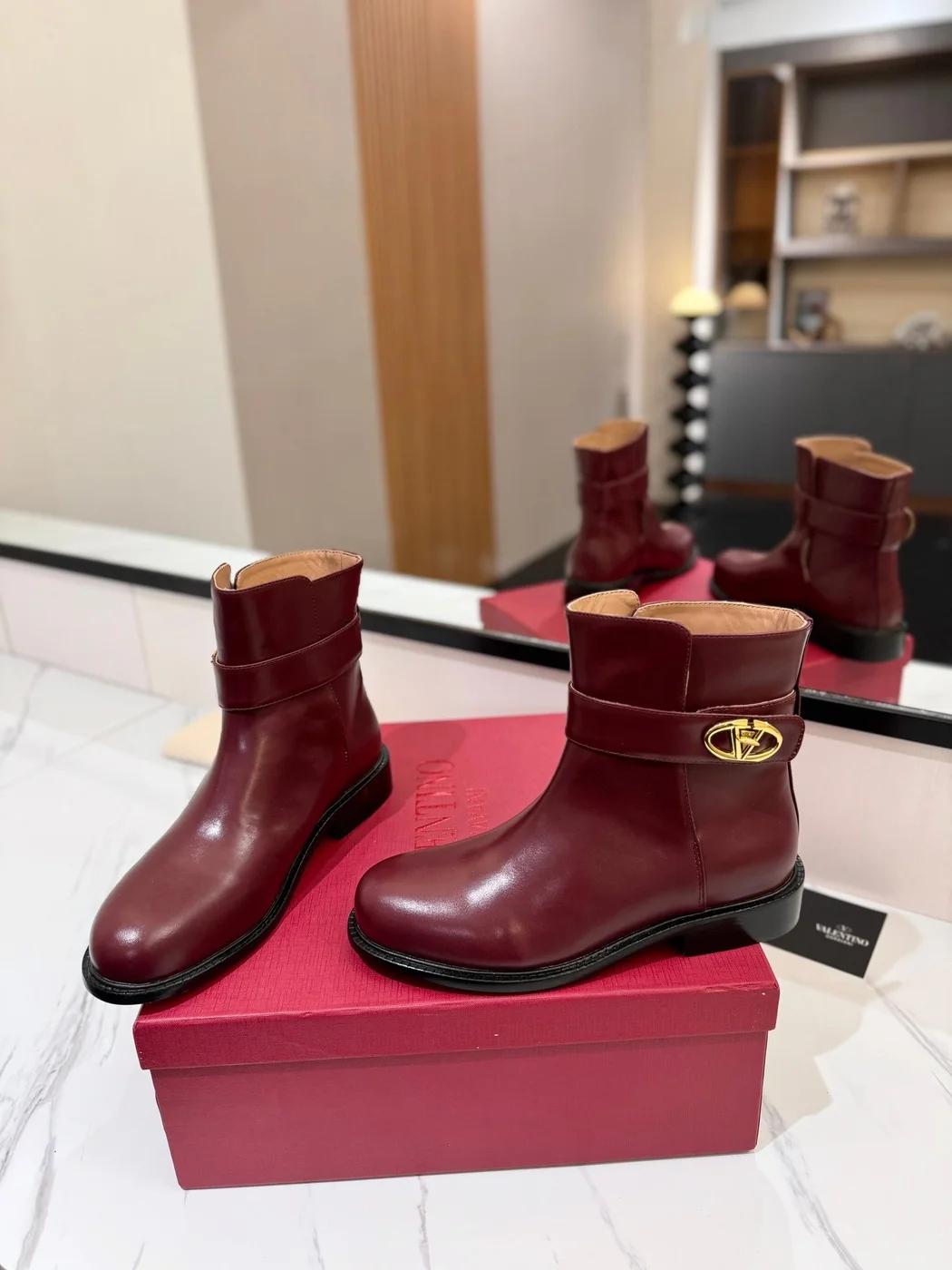 Valentino Women Burgundy Leather Ankle Boots product view 6