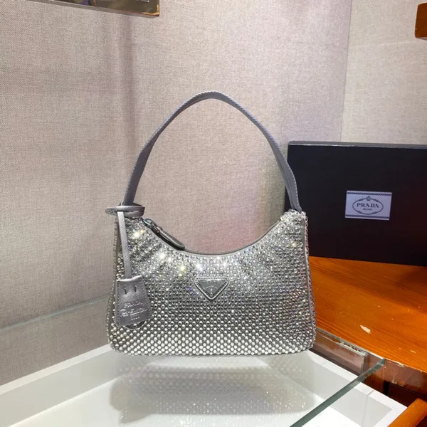 Prada Sparkling Hobo Bag 23 In Silver Nylon Attached Fully Crystals product view 7
