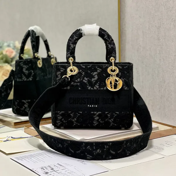 Dior Medium Lady D-Lite bag in black lace embroidery product view 1