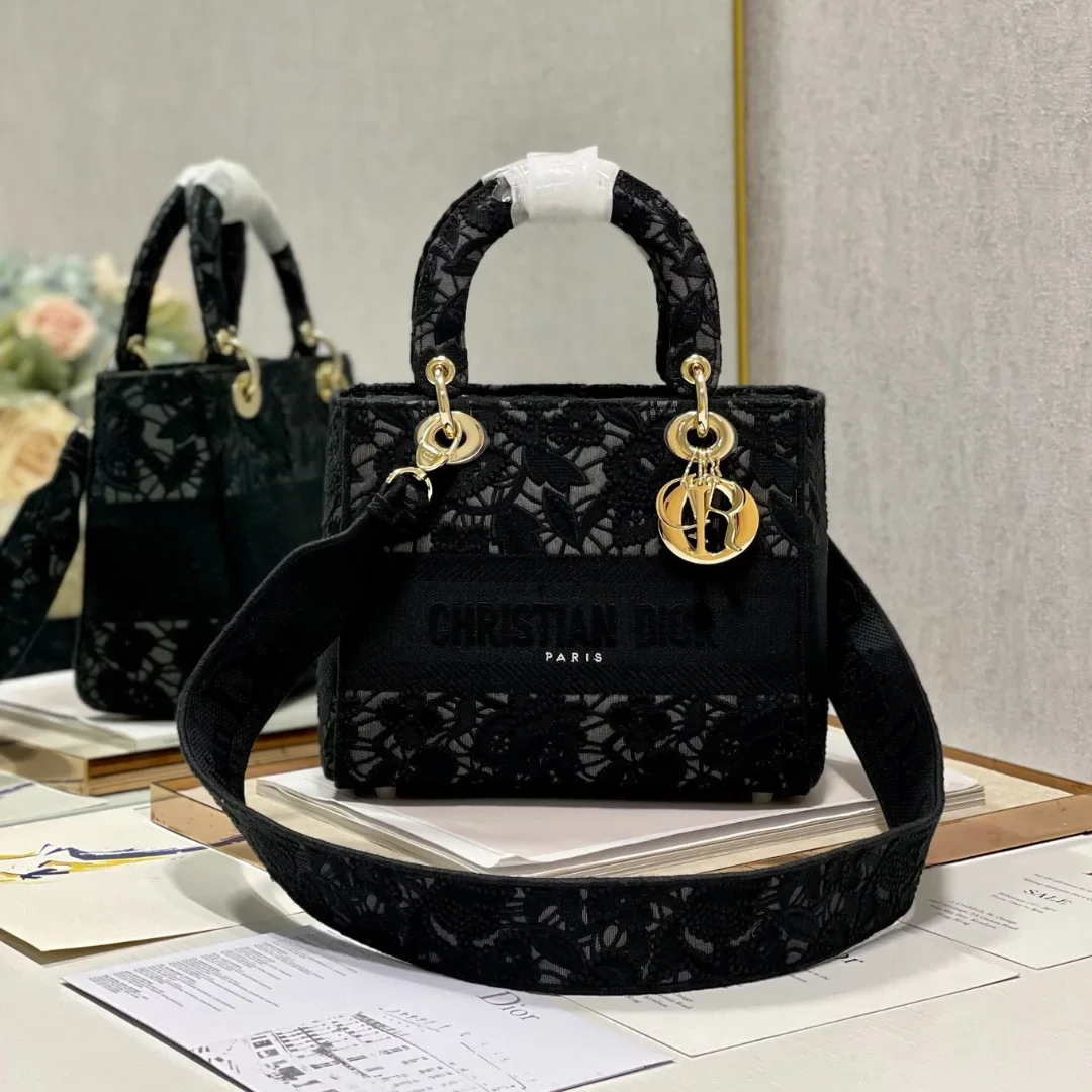 Dior Medium Lady D-Lite bag in black lace embroidery product view 1