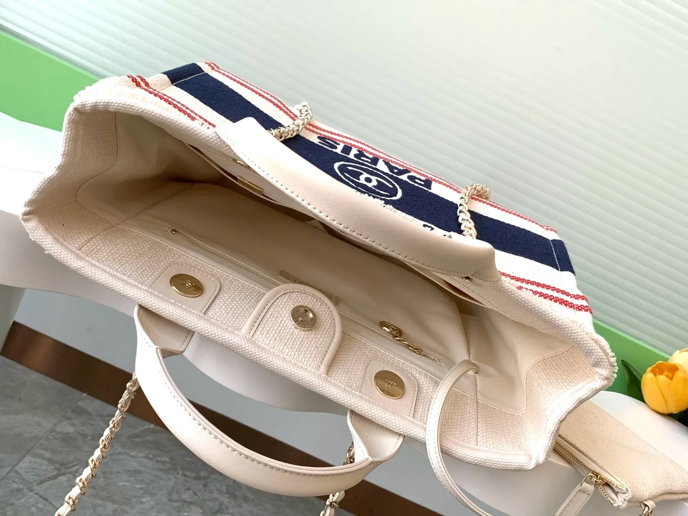 Chanel Shopping Bag 34 In White Red And Navy Blue Canvas product view 8