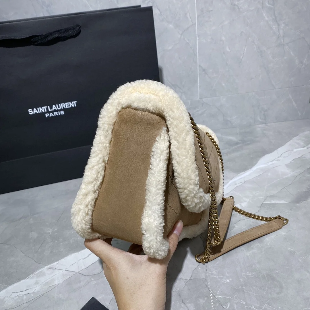 Saint Laurent Medium Niki Shoulder Bag in Tan/Cream Nubuck and Shearling Brown Beige product view 4