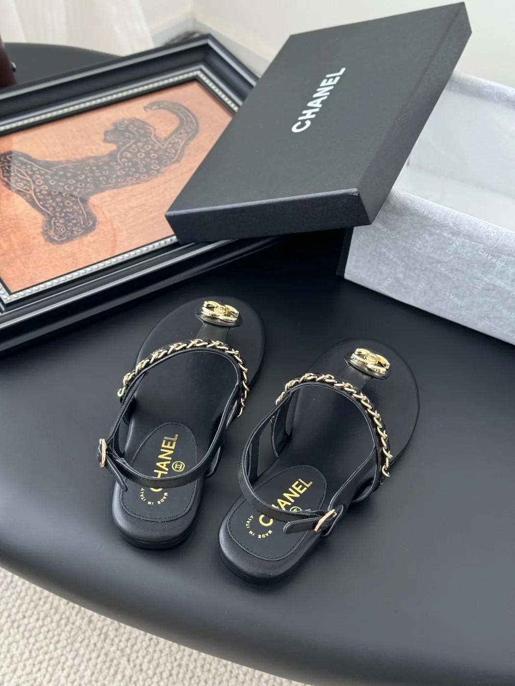 Chanel Women Black Leather Chain Detail Sandals product view 5