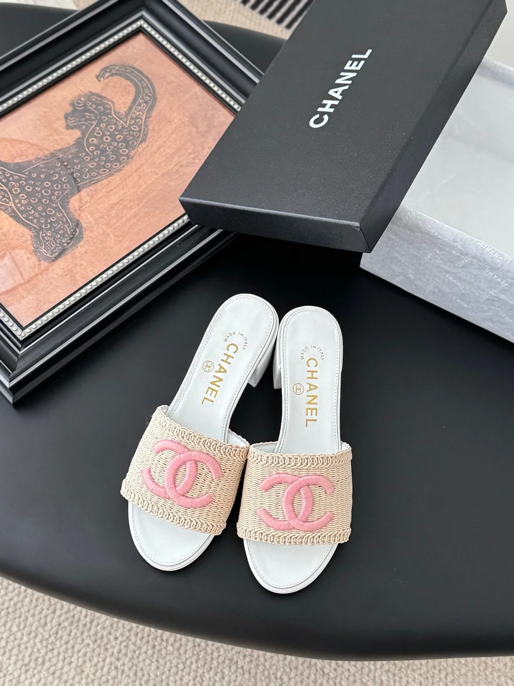 Chanel Women Beige Fabric Pink Logo White Heels product view 1