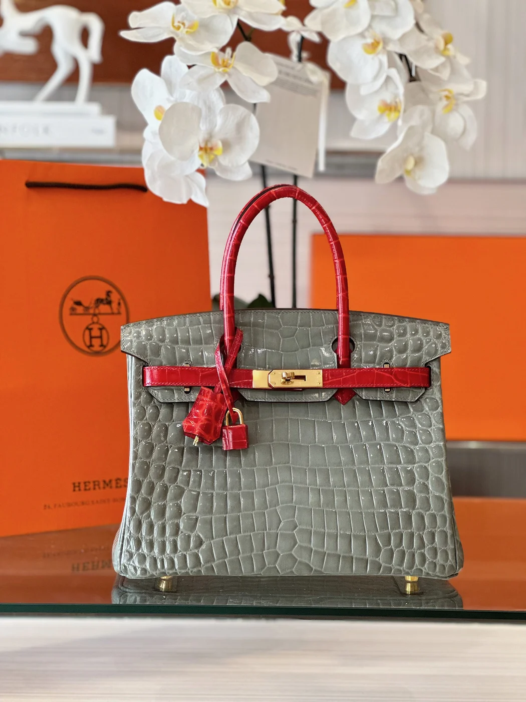 Hermès Birkin Crocodile Leather Gray and Red Custom Made Bag product view 7