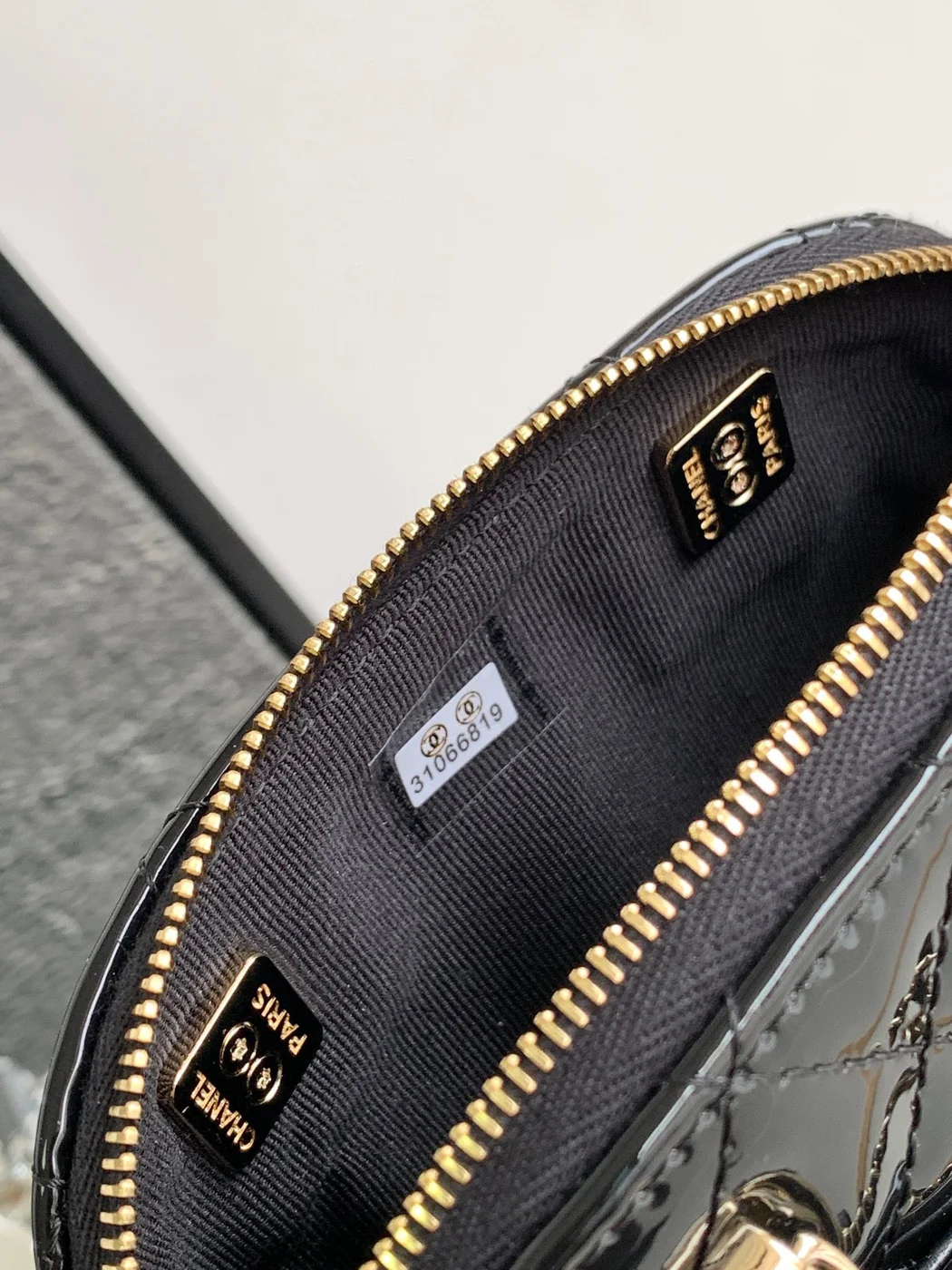 Chanel Alma Mini Shiny Leather Handbags Black Lock Gold 12 cm product view 2