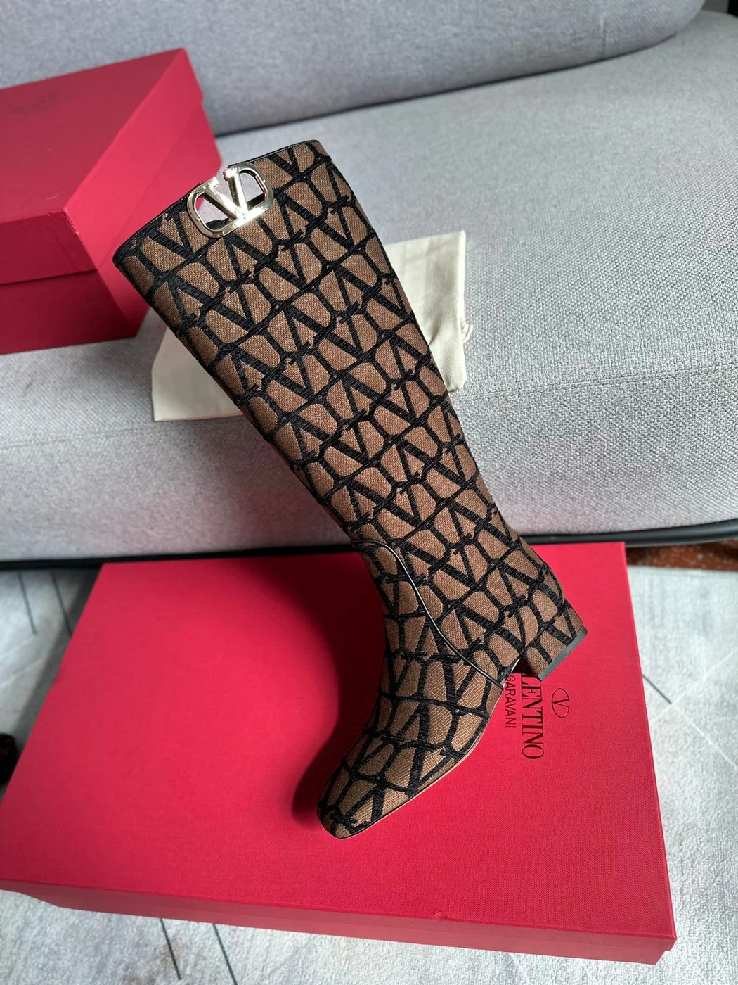 Valentino Women Brown Patterned Fabric Boots product view 5