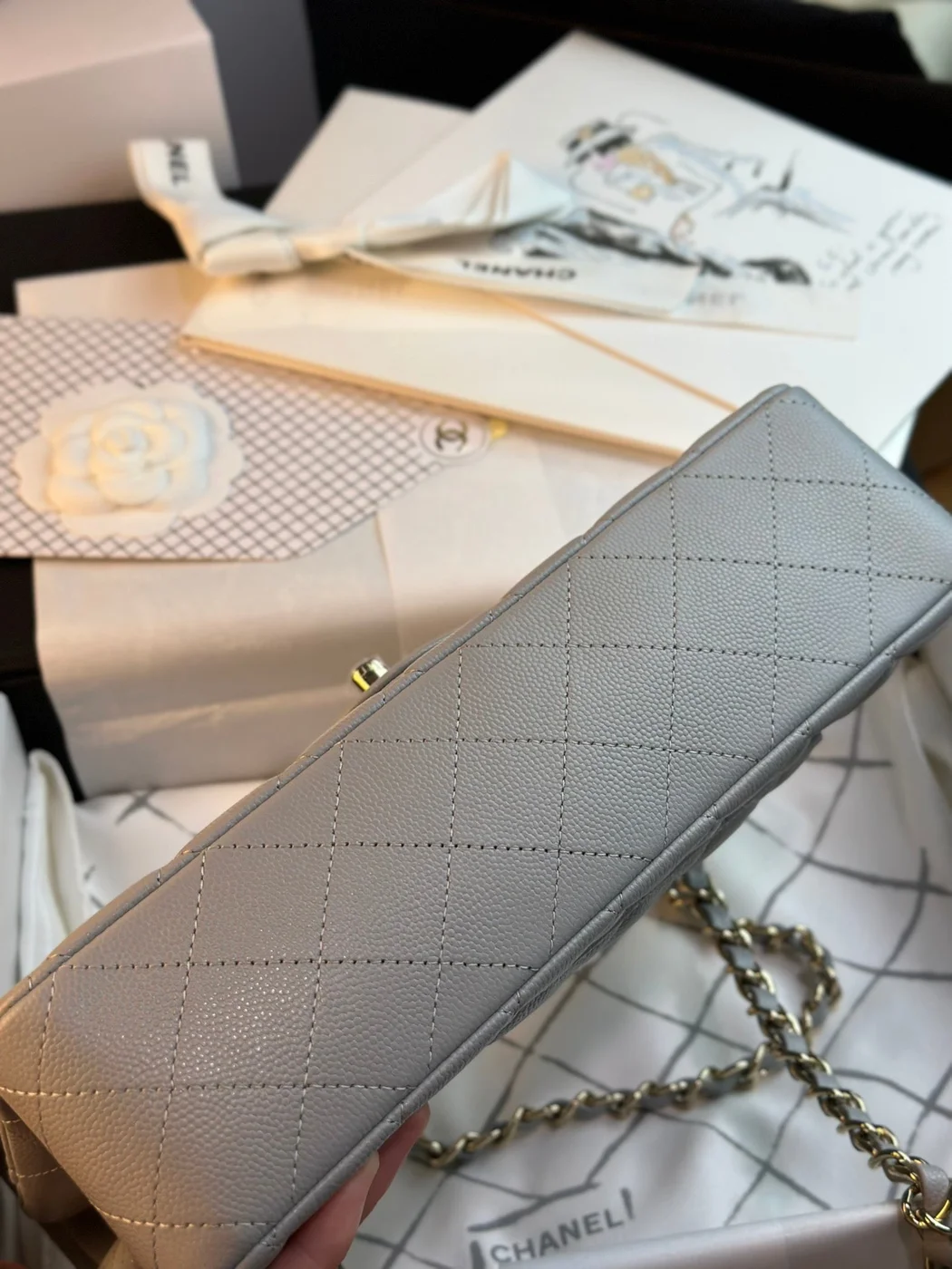 Chanel Flap Bag 25 cm Gold Hardware Grey Caviar product view 7