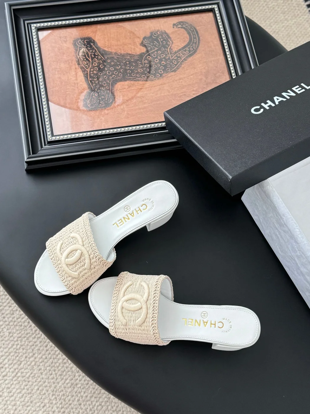 Chanel Women Beige Woven Fabric Slides product view 6
