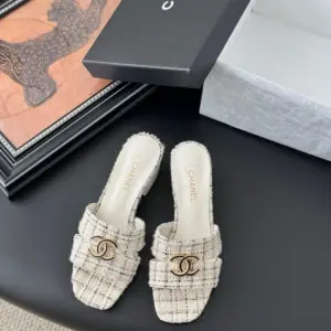 Chanel Women Cream Tweed Slides product view 1