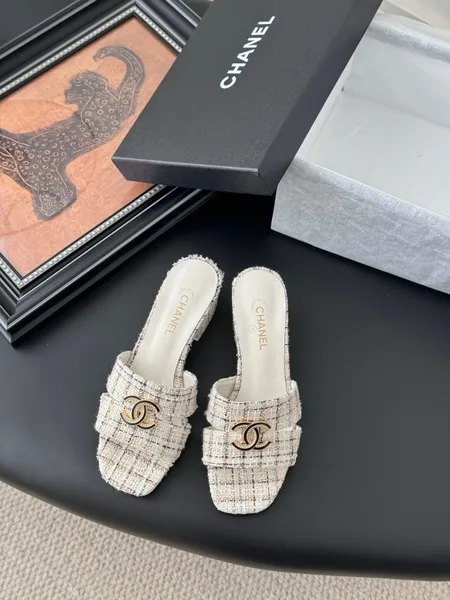 Chanel Women Cream Tweed Slides product view 1