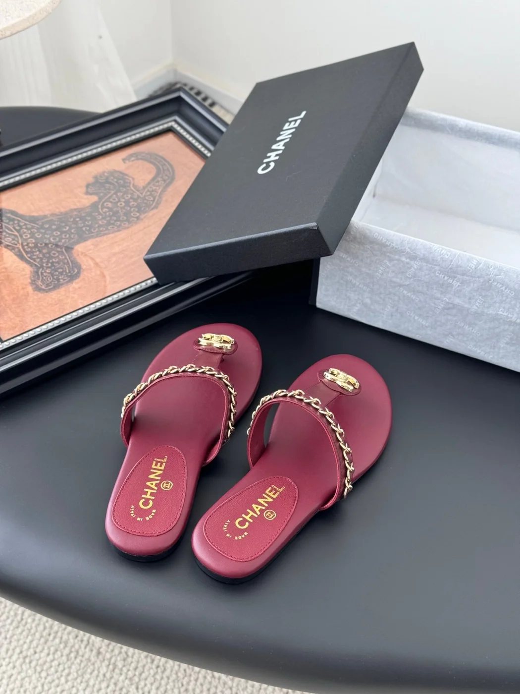 Chanel Women Burgundy Leather Chain Detail Slides product view 5