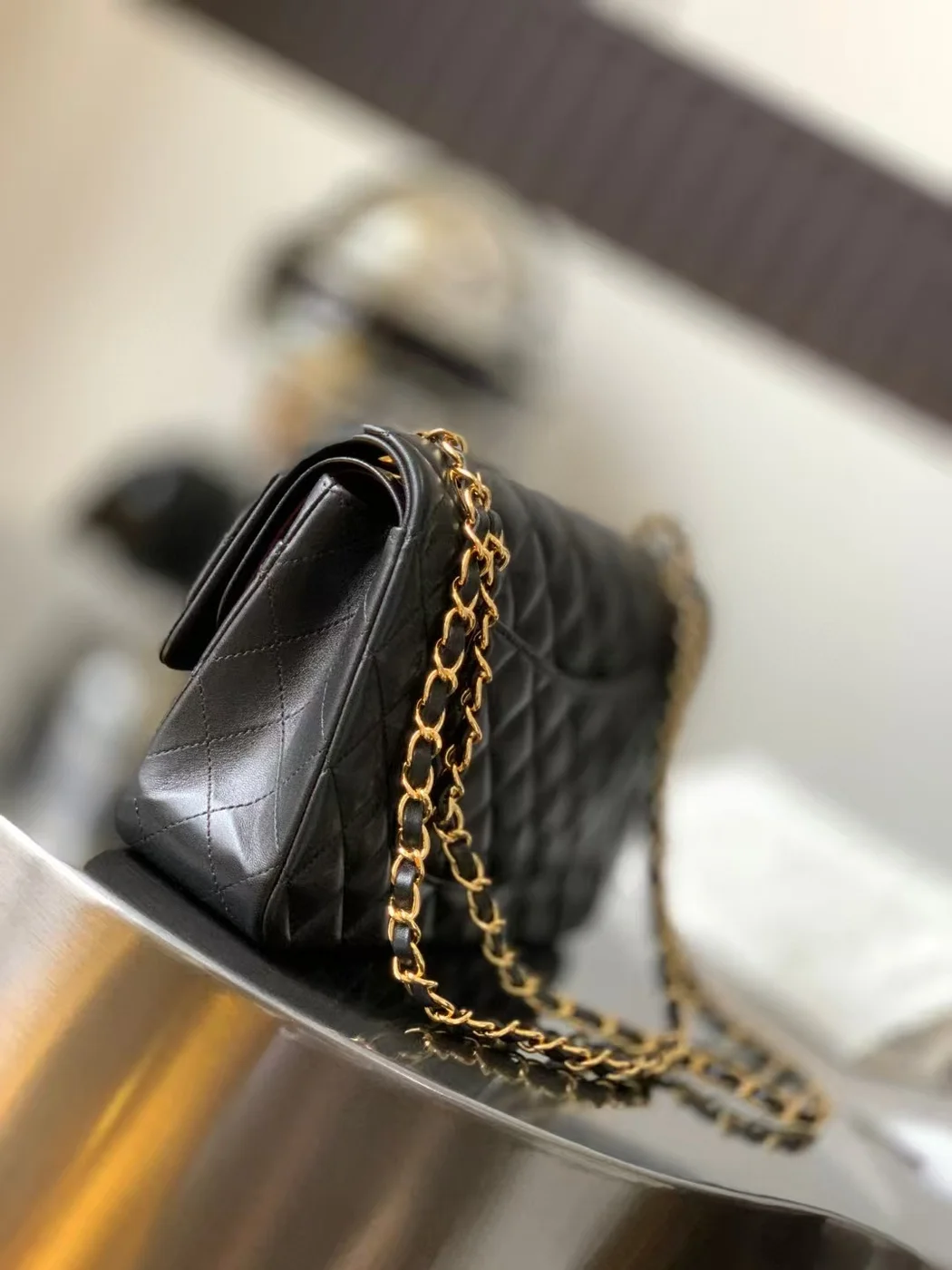 Chanel Charm Handbag Sheepskin Black Lock Gold 25x16x7cm product view 5