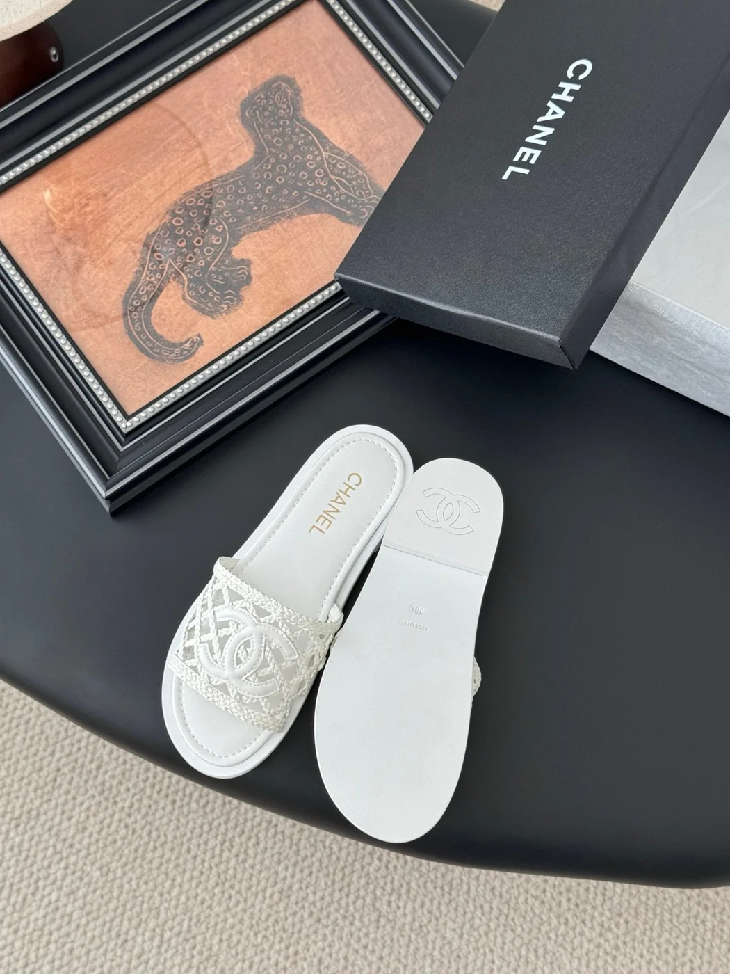 Chanel Women White Woven Leather Slides product view 4