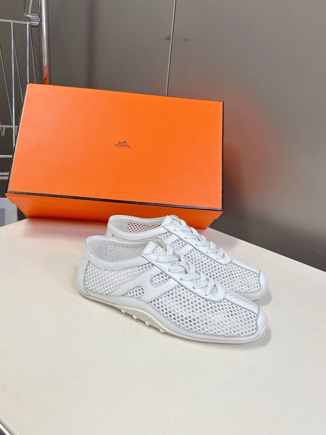 Hermès Women White Mesh Leather Sneakers product view 3