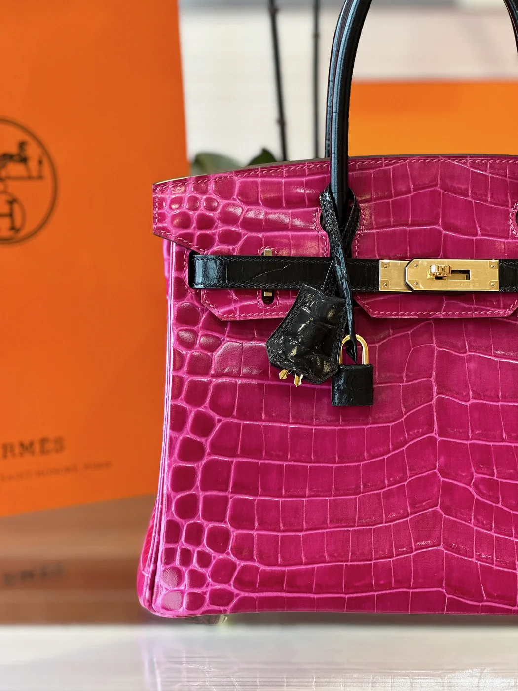 Hermès Birkin Pink/Black Crocodile Leather Gold Hardware – Custom Made Bag product view 7