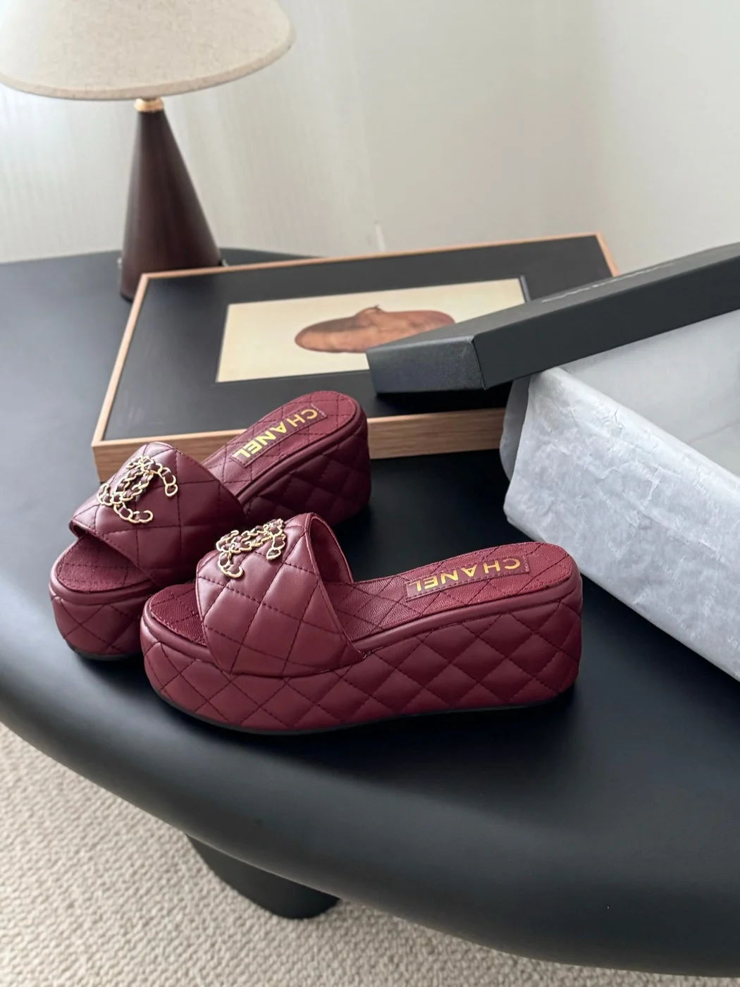 Chanel Women Burgundy Quilted Leather Slides product view 2