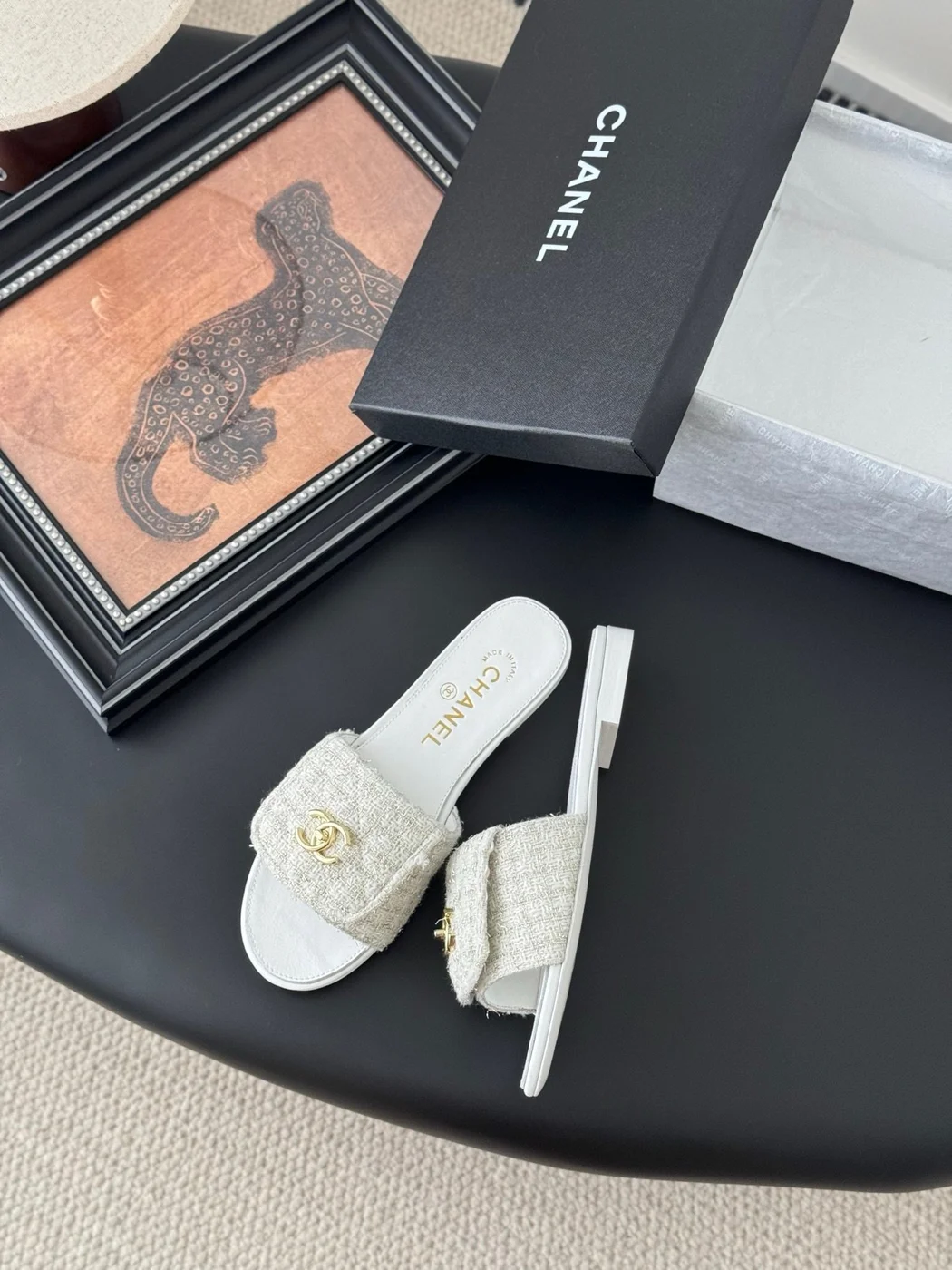 Chanel Women Beige Tweed Slides product view 3