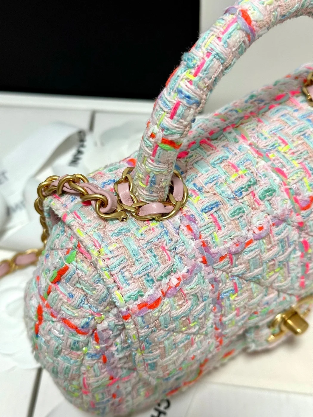Chanel Mini Flap Bag with Top Handle Pink Tweed Bag product view 4