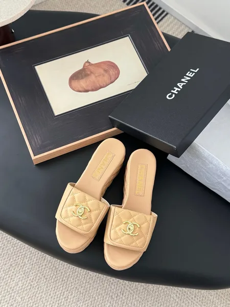 Chanel Women Beige Quilted Leather Slides product view 1