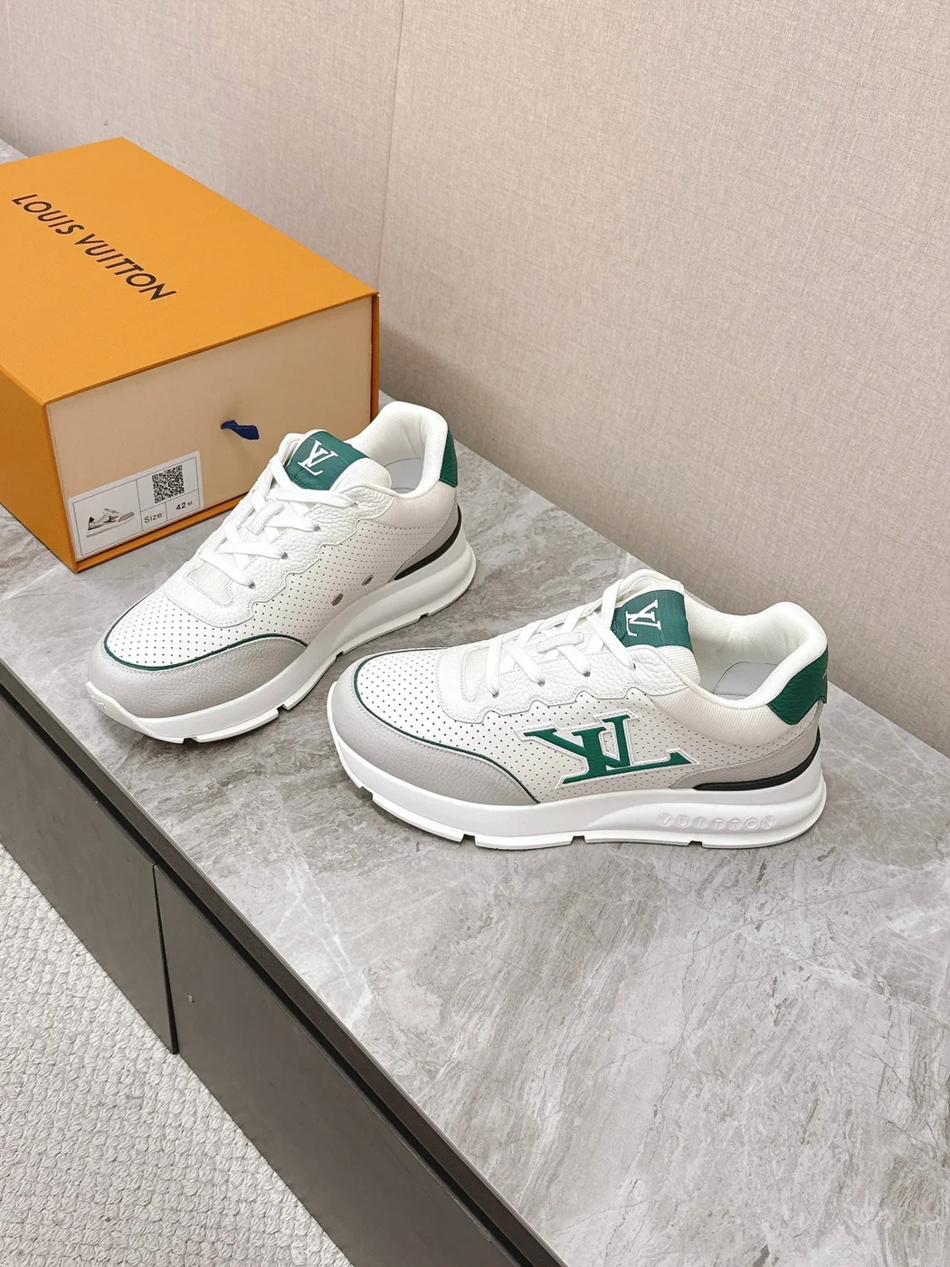 Louis Vuitton Women White Leather Green Accent Sneakers product view 3