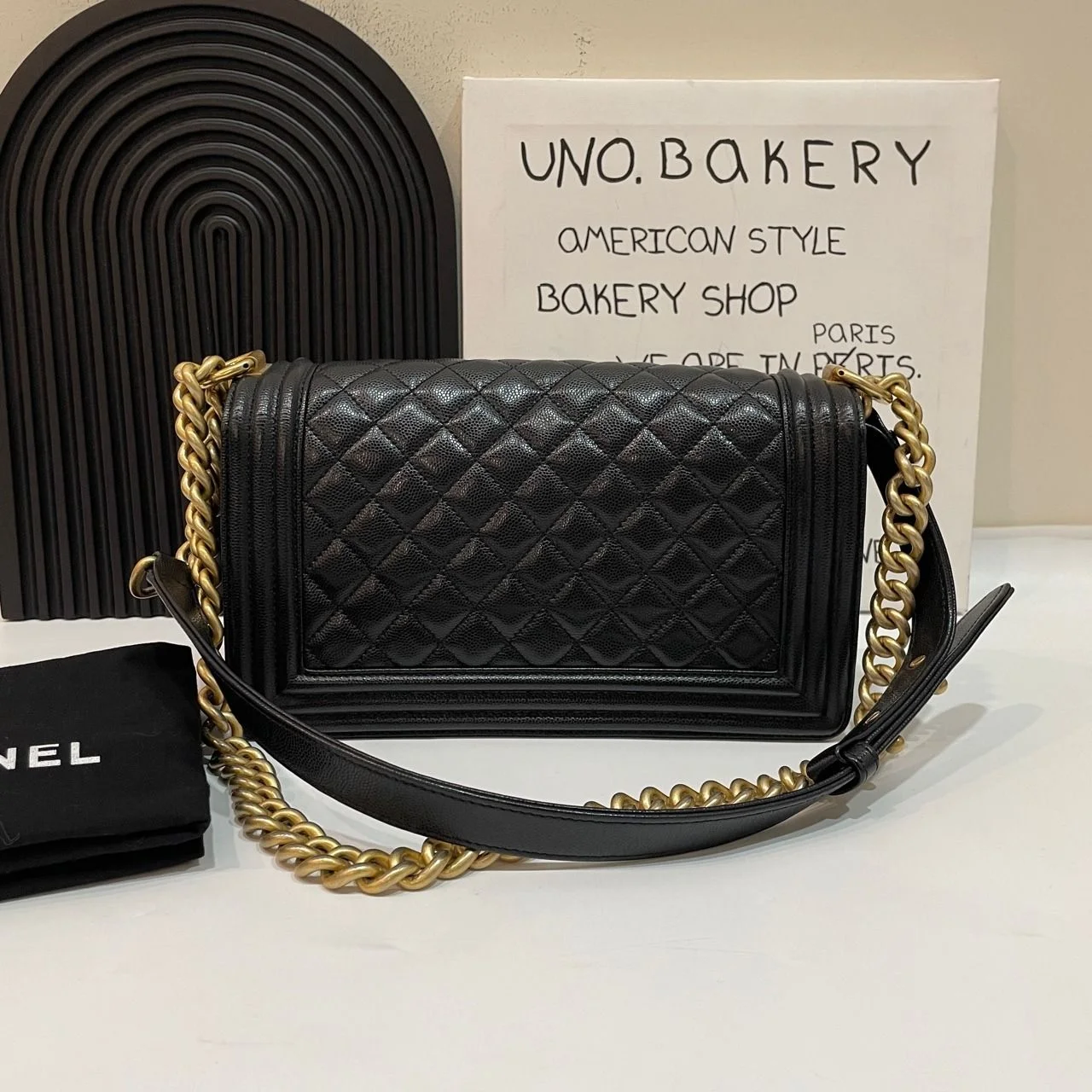 Chanel Boy Handbags Pebbled Leather Black 25.5 cm product view 2