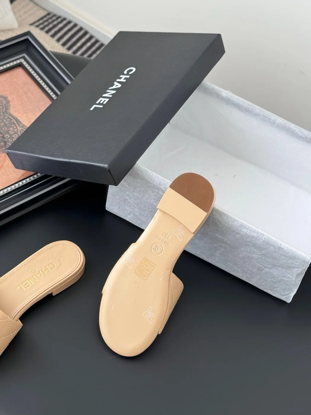 Chanel Women Beige Quilted Leather Slides product view 4
