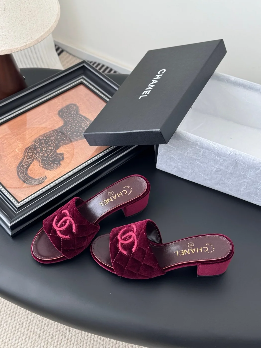 Chanel Women Burgundy Velvet Slide Sandals product view 2