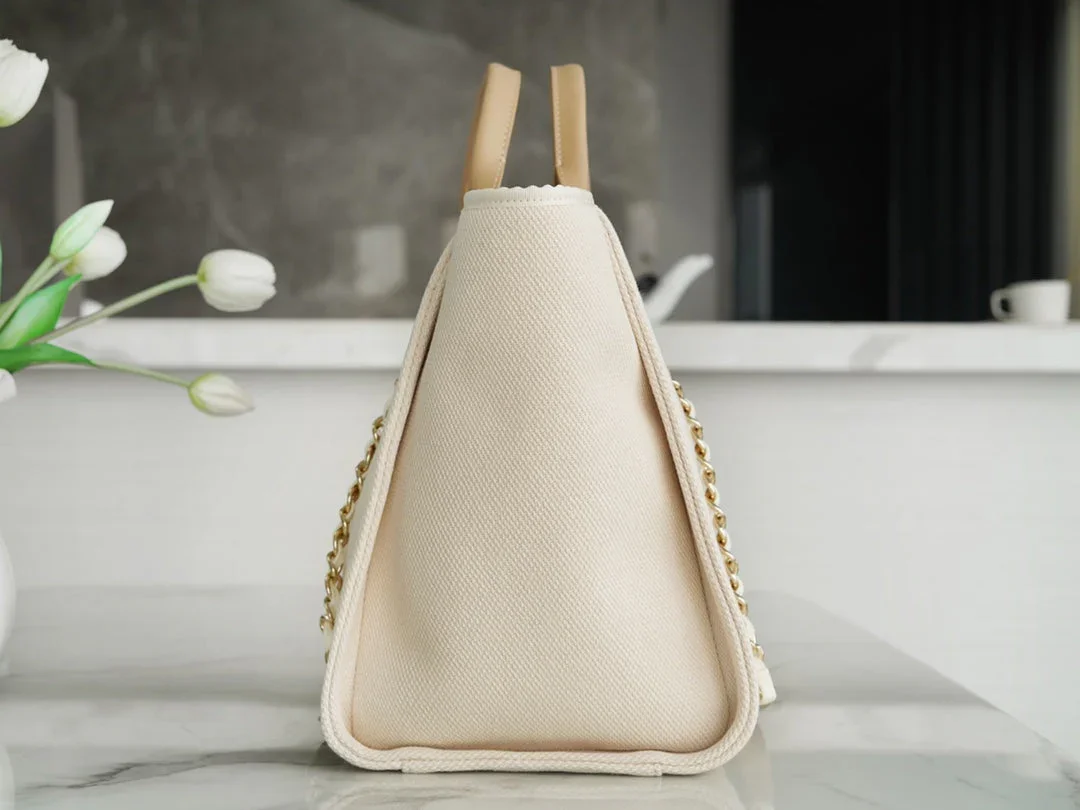 Chanel Tote Bag 39 Attached Pearl Logo In Beige Canvas Gold Hardware product view 3