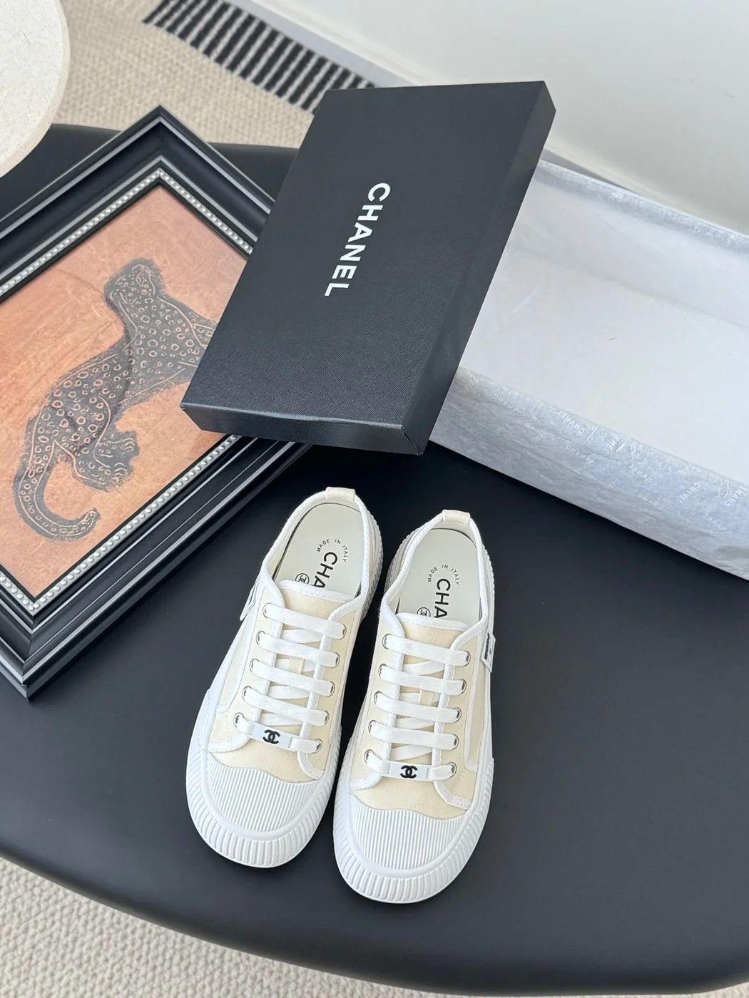 Chanel Women White Canvas Lace-Up Sneakers product view 1