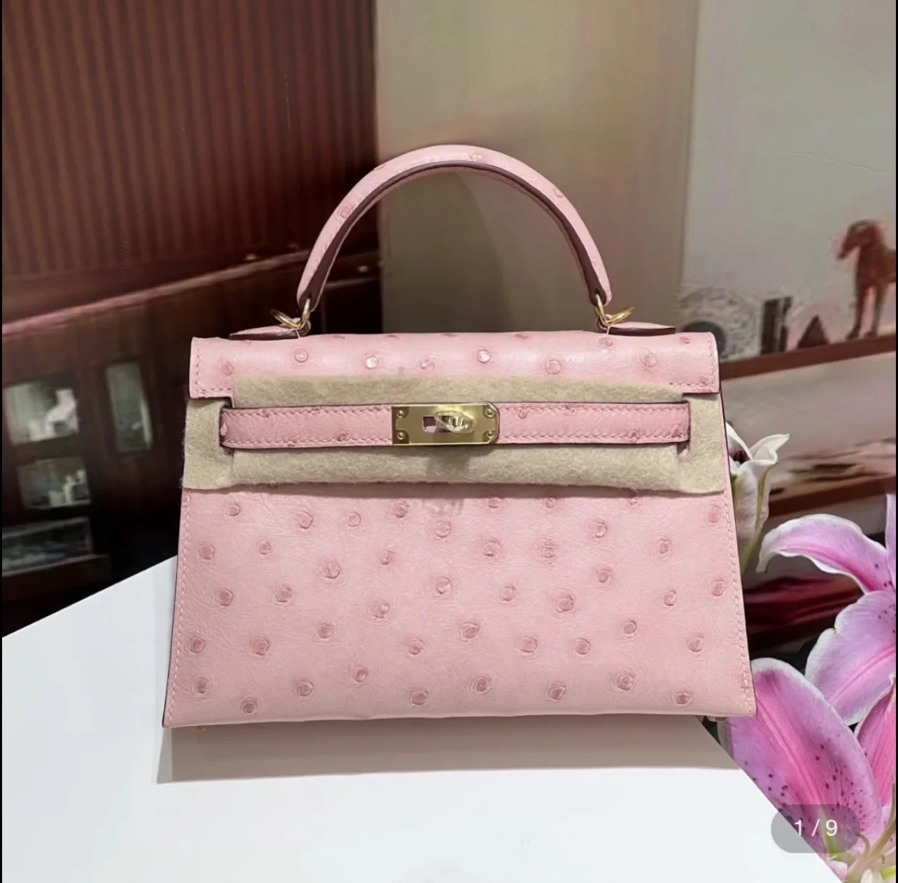 Hermès Mini Kelly in Pink Ostrich leather Bag product view 1
