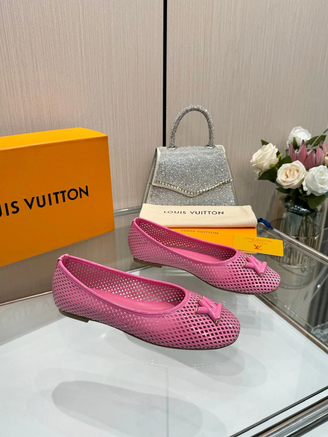 Louis Vuitton Women Pink Mesh Leather Ballet Flats product view 1