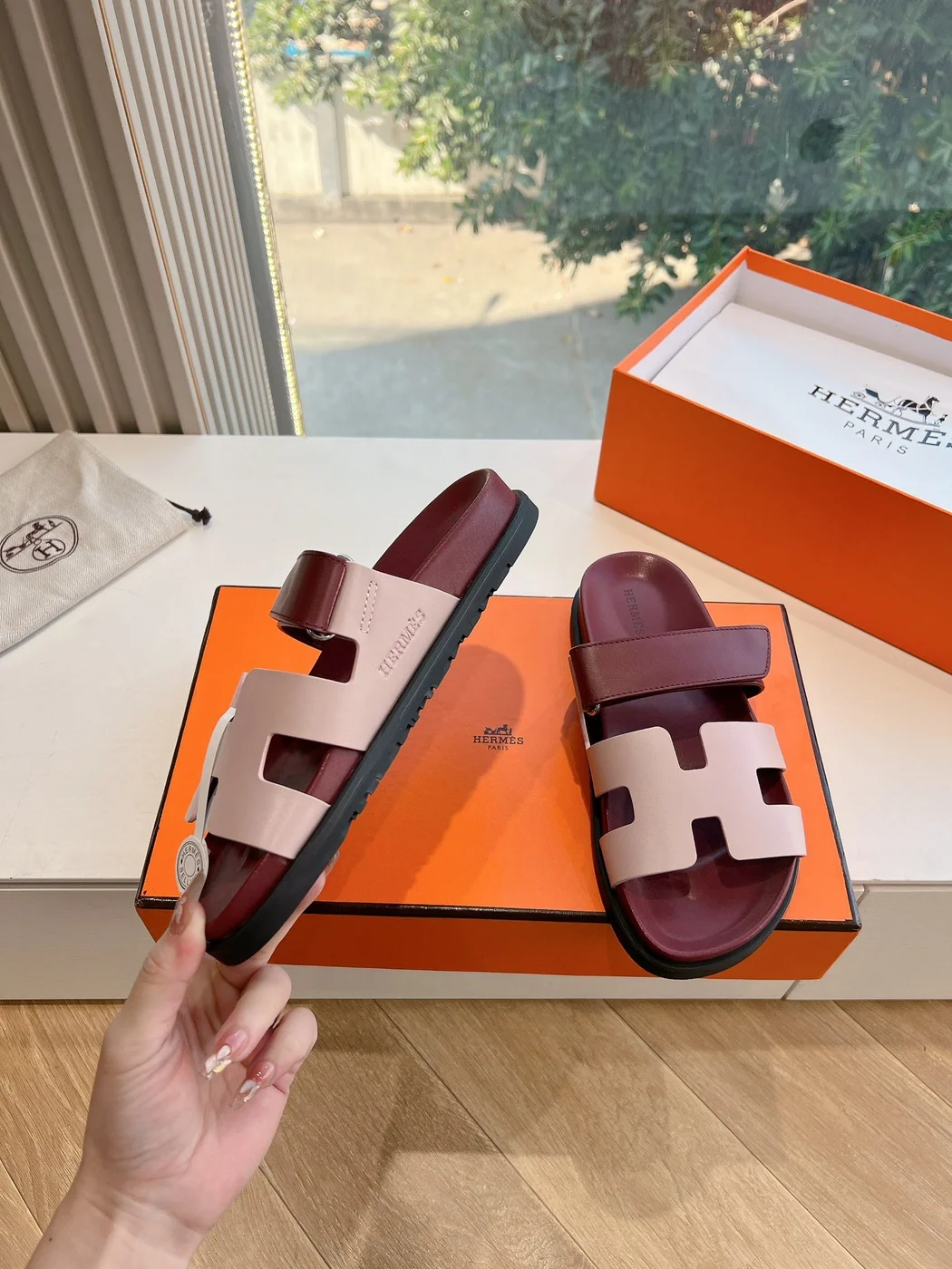 Hermès Women Burgundy Leather Pink Accent Sandals product view 6