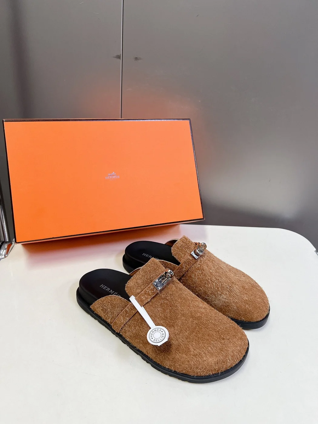 Hermès Women Brown Haircalf Leather Slippers product view 5