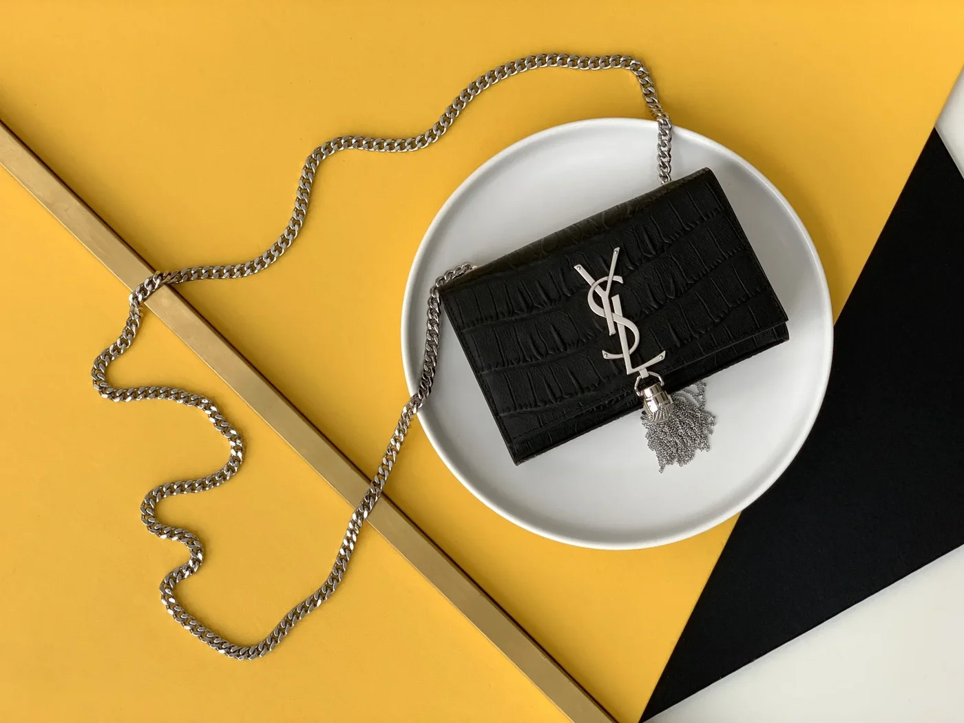 Saint Laurent Black Leather Small Kate Tassel Crossbody Bag Silver