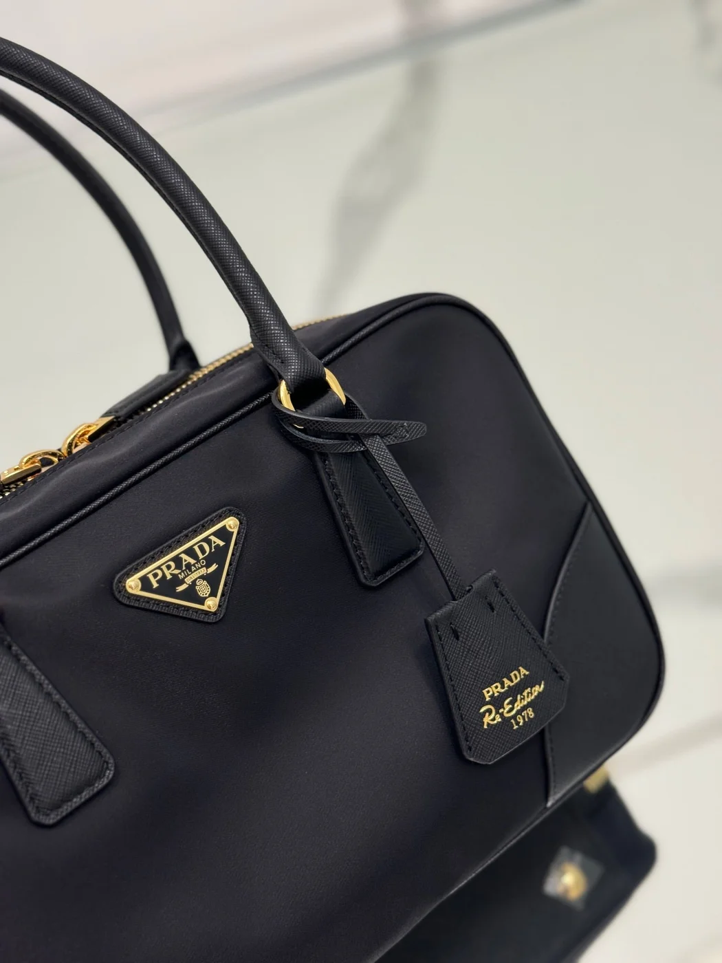 Prada Medium Top Handle Bag 30 In Black Nylon And Calfskin Trim product view 2