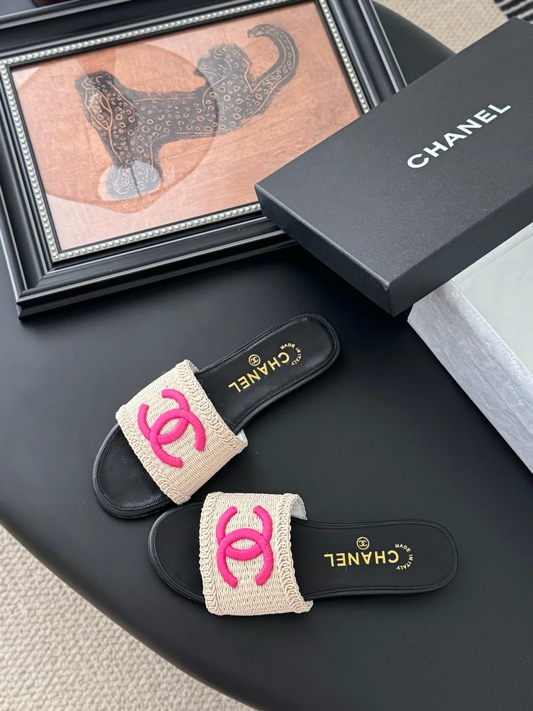 Chanel Women Black Leather And Beige Fabric Slides product view 6