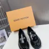 Louis Vuitton Women Black Leather Loafers — Chain Detail with Lug Sole product view 3